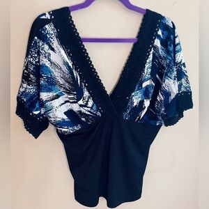 💃 PLUNGING NECKLINE CROCHET DETAIL Y2K V Neck Sz XL Sexy Loose & Tight Fit